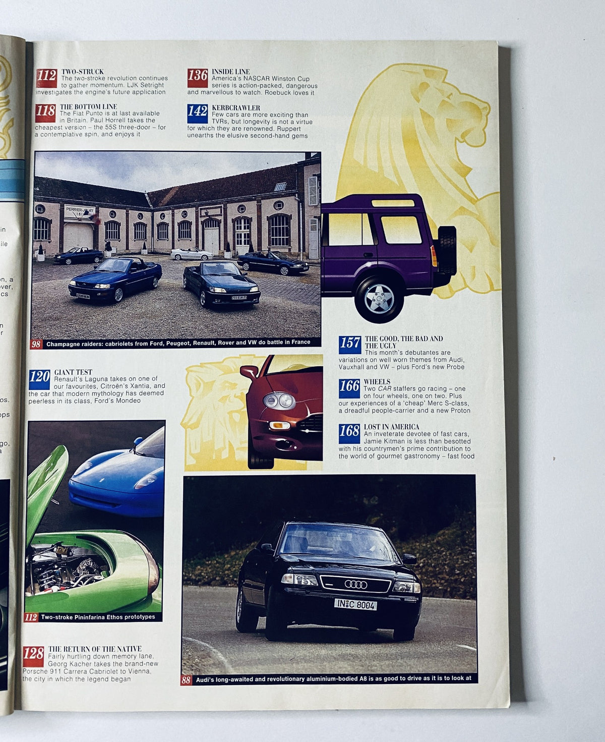 Another interior page of CAR Magazine May 1994 showcasing various articles and images including a classic British car feature and highlights from the magazine's sections such as 'Giant Test' and 'Lost in America'.