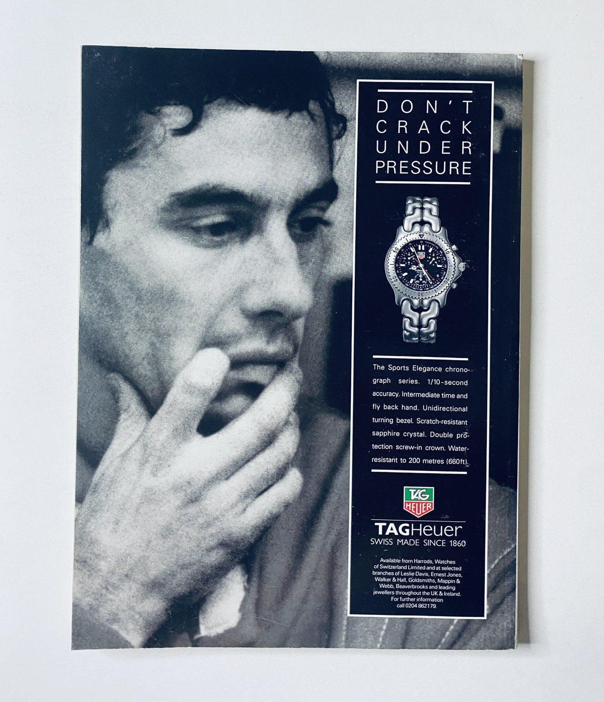 Advert from CAR Magazine May 1994 for TAG Heuer featuring a close-up of a man deep in thought, promoting a luxury watch with the tagline 'Don't crack under pressure'.