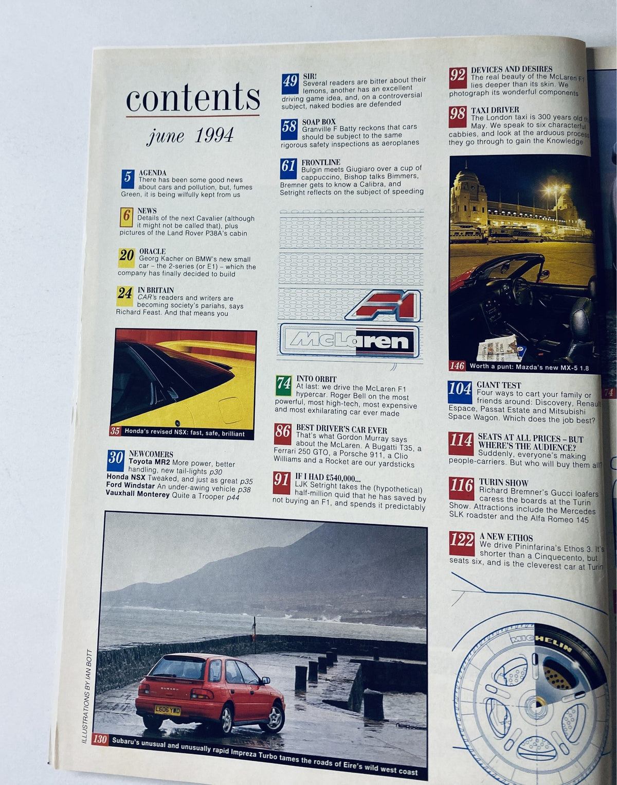 Table of contents for CAR Magazine June 1994 featuring articles on the McLaren F1 test, Honda NSX, Subaru Impreza Turbo, and more.