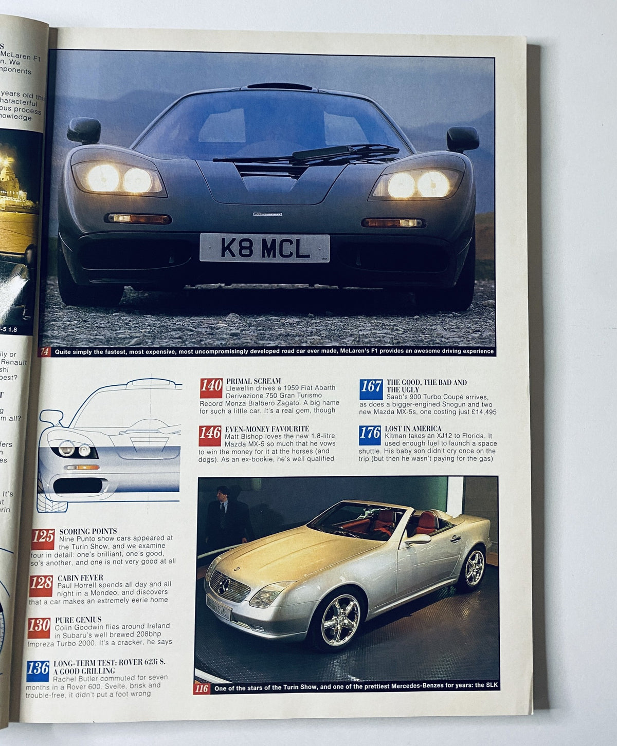 Images from CAR Magazine June 1994 showcasing the McLaren F1, a high-performance sports car, alongside other models including the Mercedes-Benz SLK.