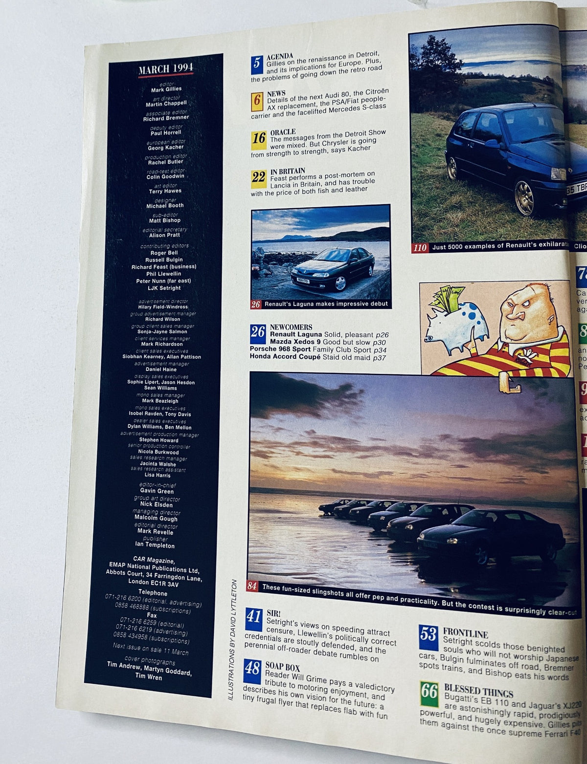 Table of contents from CAR Magazine March 1994, including sections such as 'AGENDA', 'NEWS', and articles on Bugatti EB110, Jaguar XJ220, and Ferrari F40, along with various car-related graphics.