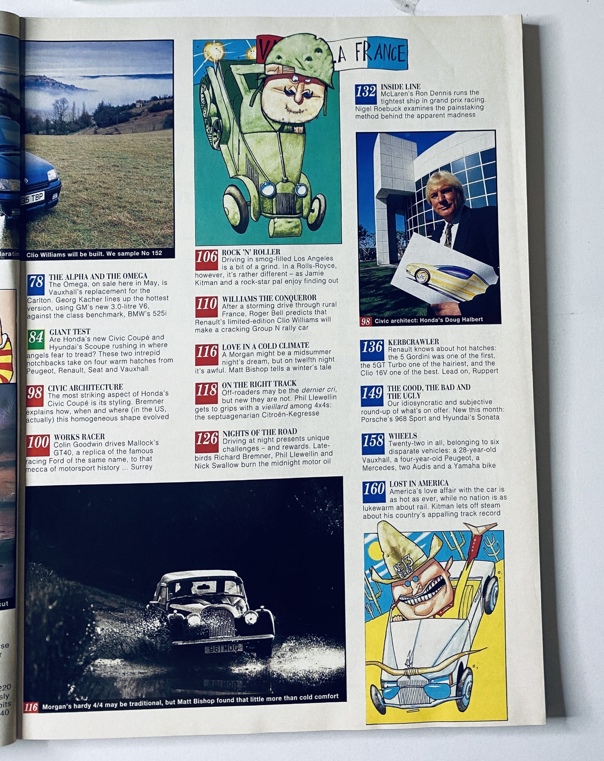 Pages from CAR Magazine March 1994 showcasing articles on diverse topics like 'NIGHTS OF THE ROAD', 'CIVIC ARCHITECTURE', and images of cars, including humorous illustrations relevant to automotive culture.