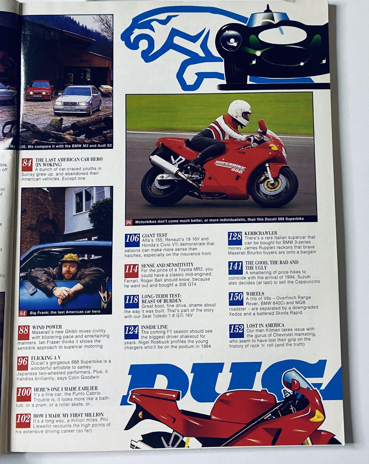 Article page from Car Magazine February 1994 showcasing the Ducati 888 Superbike and discussing the Maserati Ghibli. Highlights automotive culture and reviews from the issue.