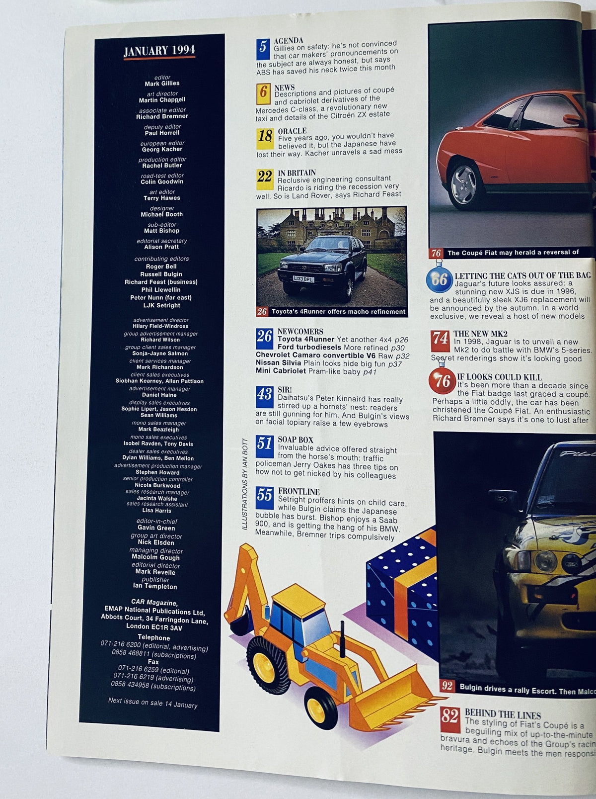 Inside page of Car Magazine January 1994 displaying the Table of Contents, highlighting features including car safety, automotive news, and exclusive previews.
