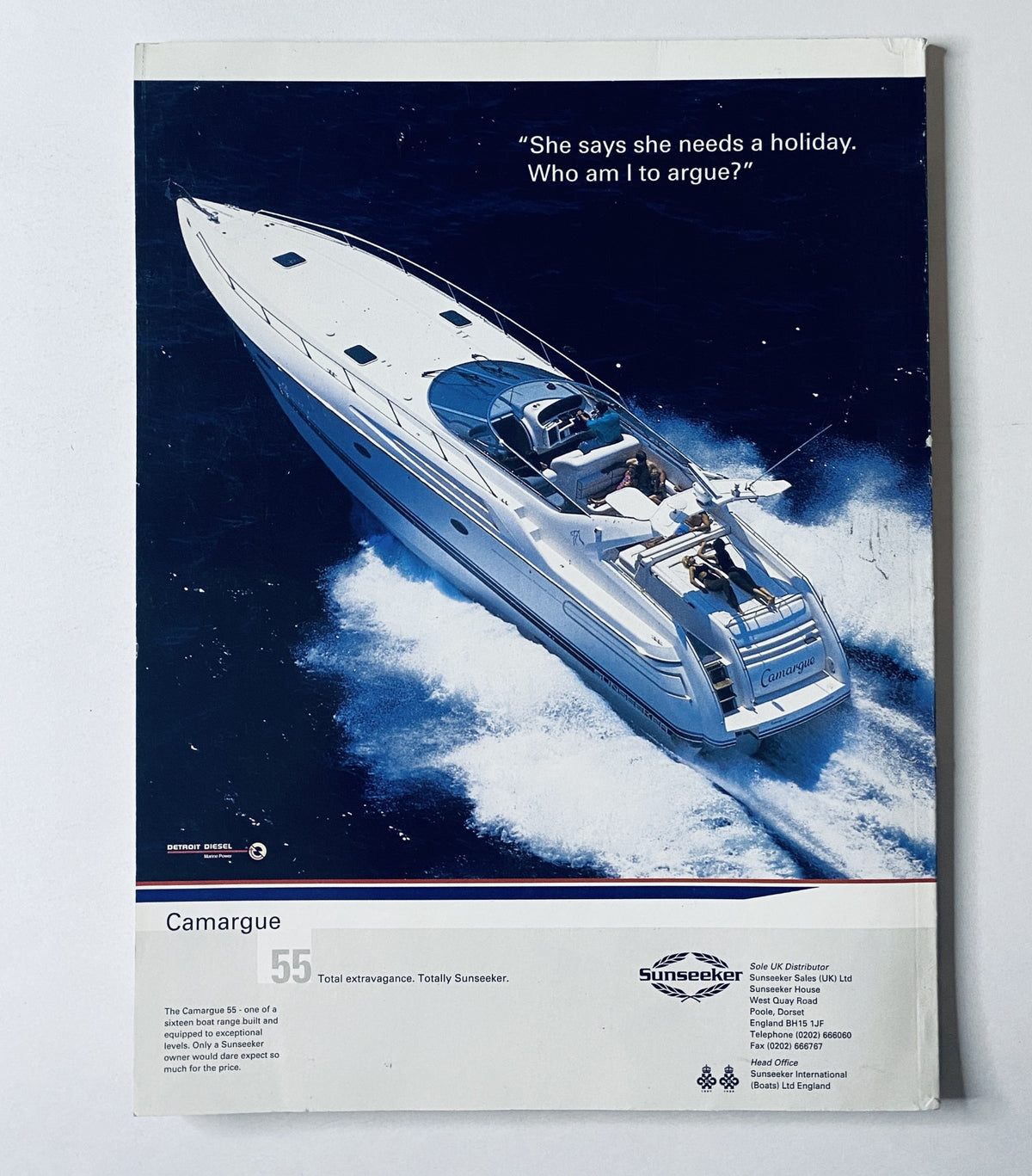 Back cover of Car Magazine January 1994 promoting the Sumateeker Camargue yacht with a scenic ocean backdrop.