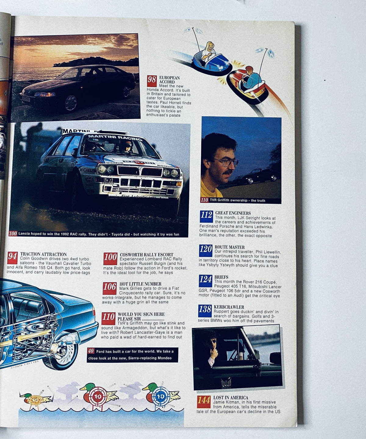 Page from Car Magazine February 1993 highlighting features such as 'Traction Attraction', 'Great Engineers', and reviews of various car models, accompanied by images and captions.