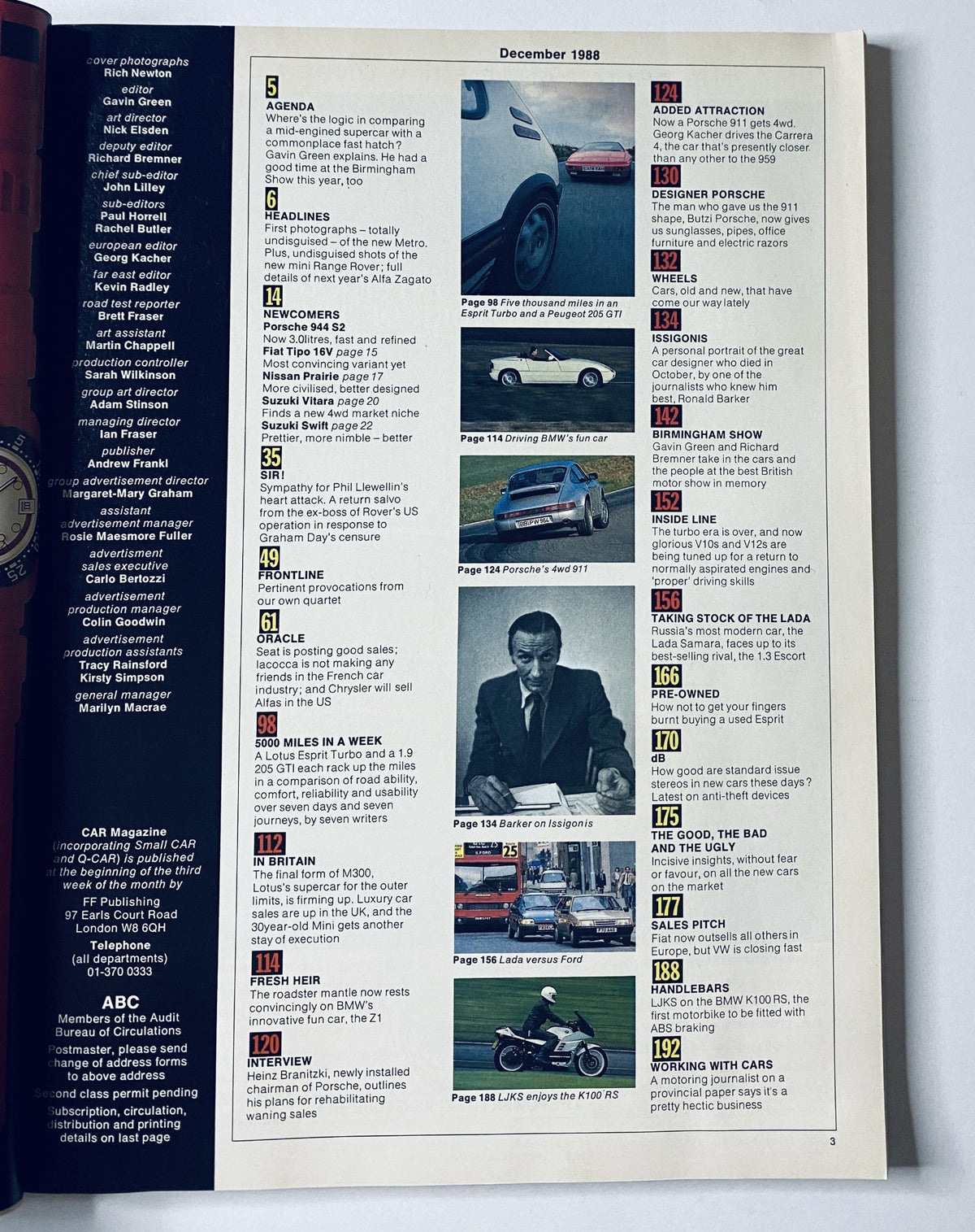 Table of contents from Car Magazine December 1988, highlighting articles including '5000 Miles in a Week' and various automotive features.
