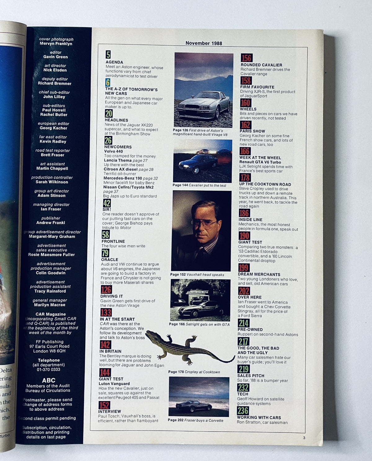 Table of contents from Car Magazine November 1988, listing features including 'Agenda', 'A-Z of Tomorrow's New Cars', and driving reviews.