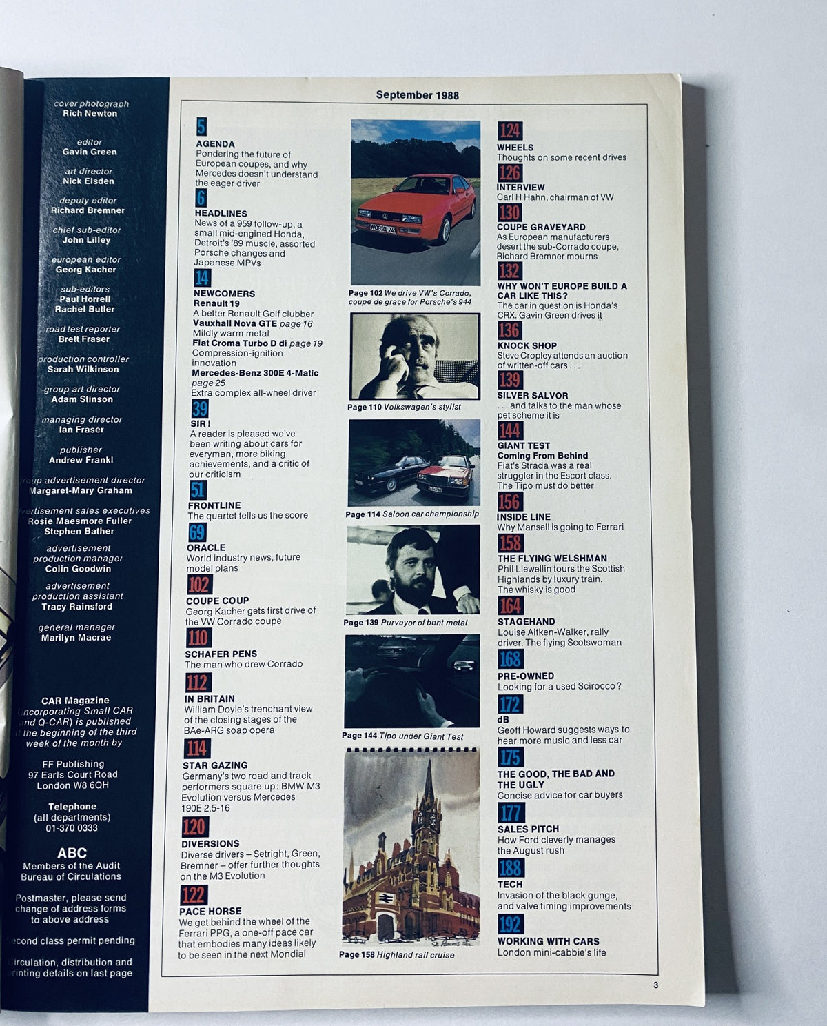 Table of Contents from Car Magazine September 1988, showcasing various articles including tests and features on the VW Corrado, BMW M3 Evolution, and Fiat Strada.