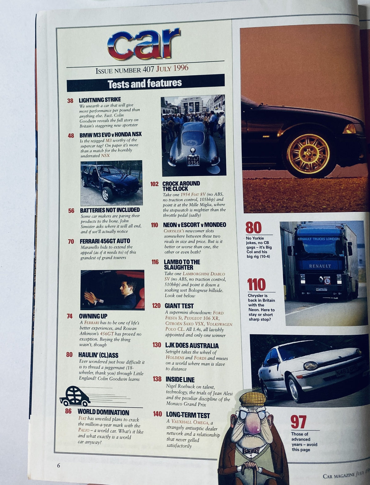 Inside page of Car Magazine July 1996 displaying the 'Table of Contents' with features including 'Lightning Strike', 'BMW M3 EVO vs Honda NSX', and 'Owning Up'.