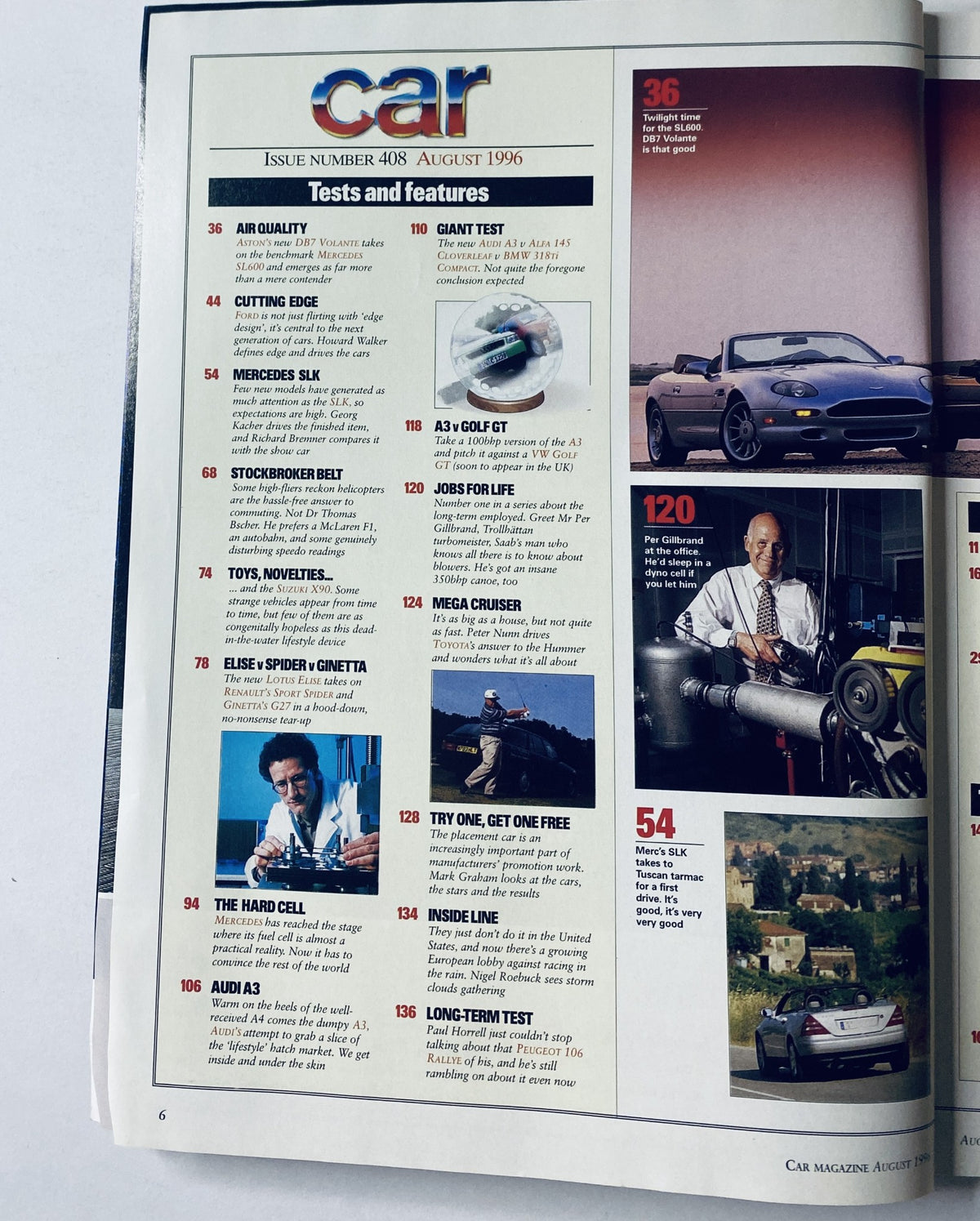 Table of Contents from Car Magazine August 1996, showcasing tests and features including Mercedes SLK, Audi A3, and Lotus Elise vs. Ginetta.