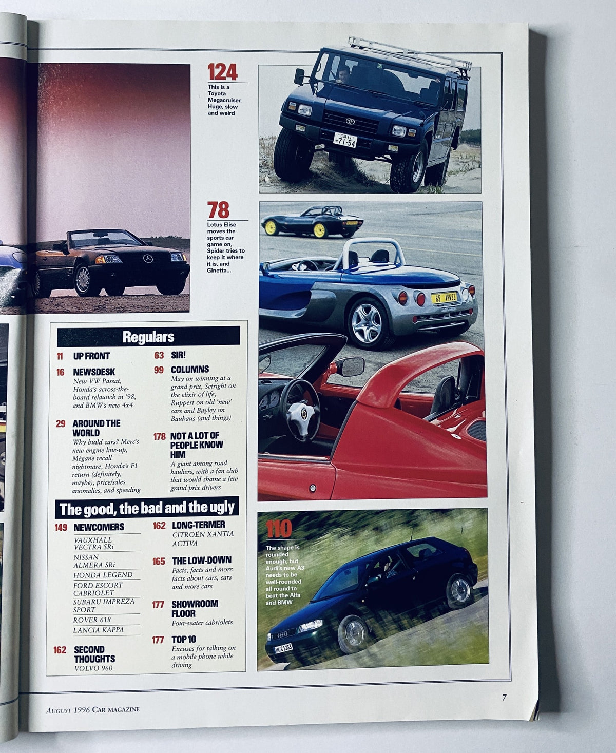 Regulars section from Car Magazine August 1996, highlighting newcomers and comparisons including Lotus Elise and Audi A3.