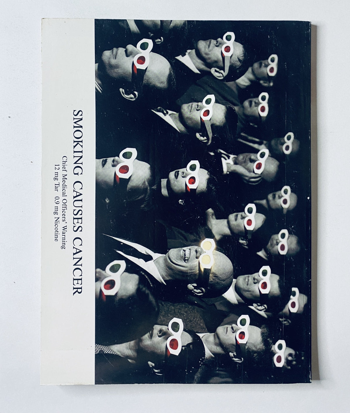 Unique advertisement from Car Magazine featuring multiple individuals wearing glasses, with a message about smoking, paired with a retro design.