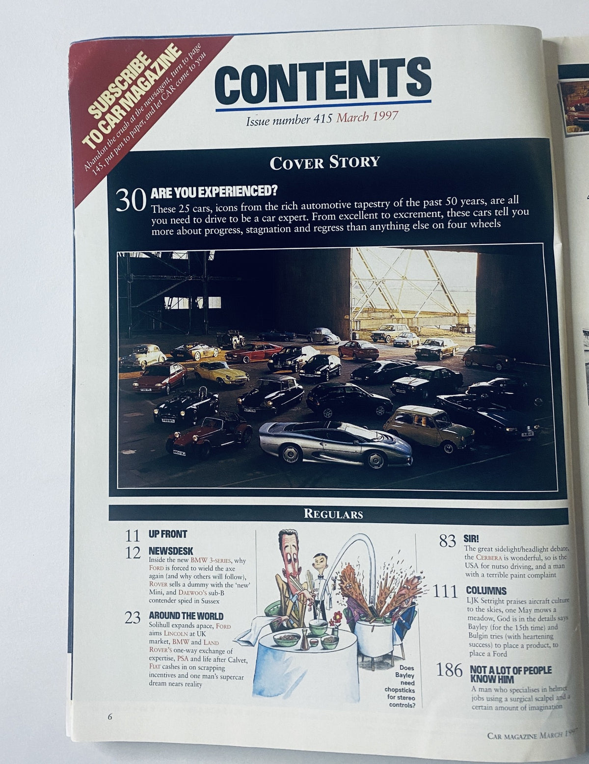Contents page of Car Magazine March 1997 highlighting featured articles including 'Cover Story' on 25 iconic cars to drive, 'Up Front', and regular sections.