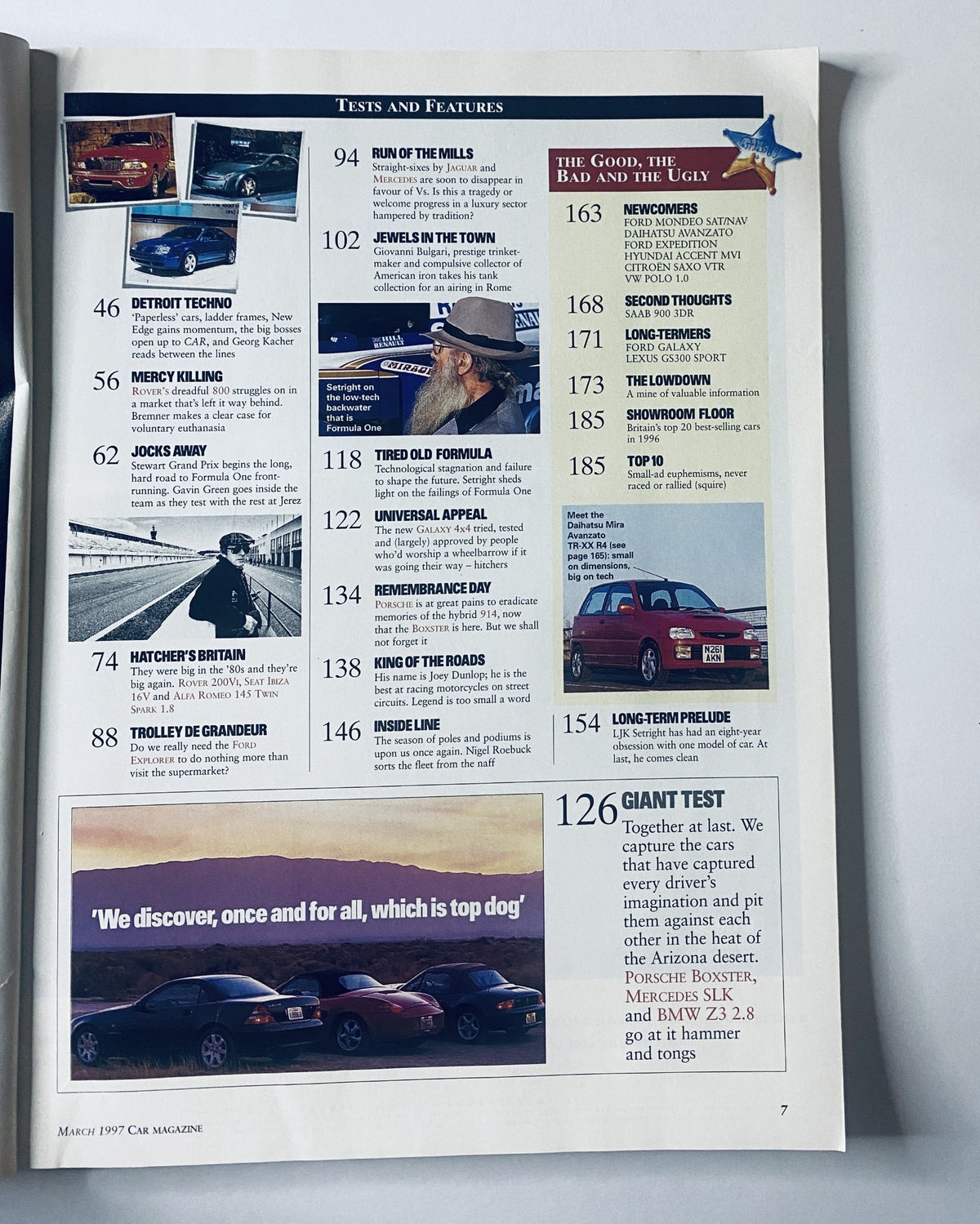 Continuation of the contents page from Car Magazine March 1997 with detailed list of features including 'Tests and Features', 'The Good, The Bad and The Ugly', and memorable automotive reports.