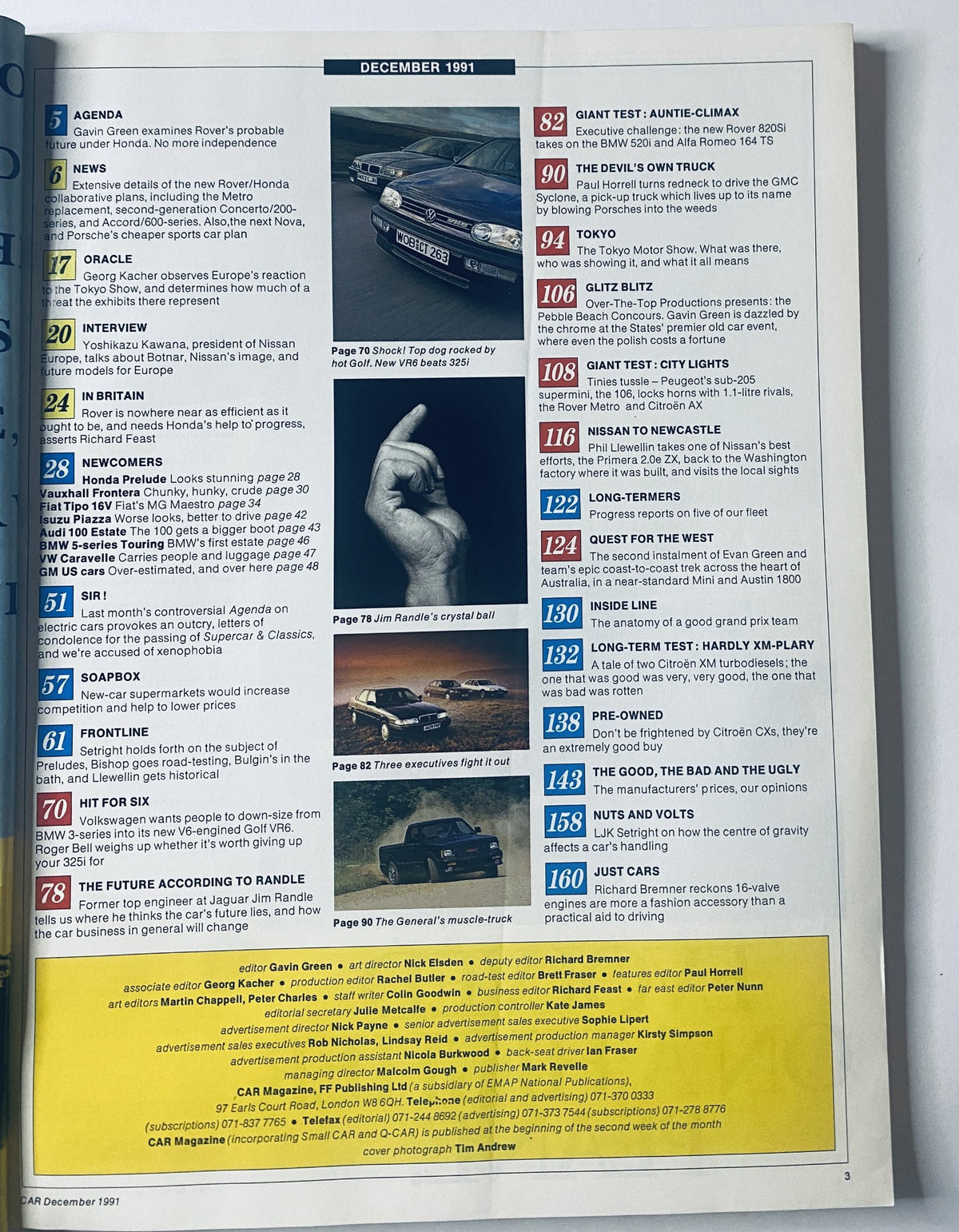 Car Magazine December 1991 featuring a Table of Contents with reviews on VW VR6 vs BMW 325i, covering various automotive topics including performance tests and industry news.