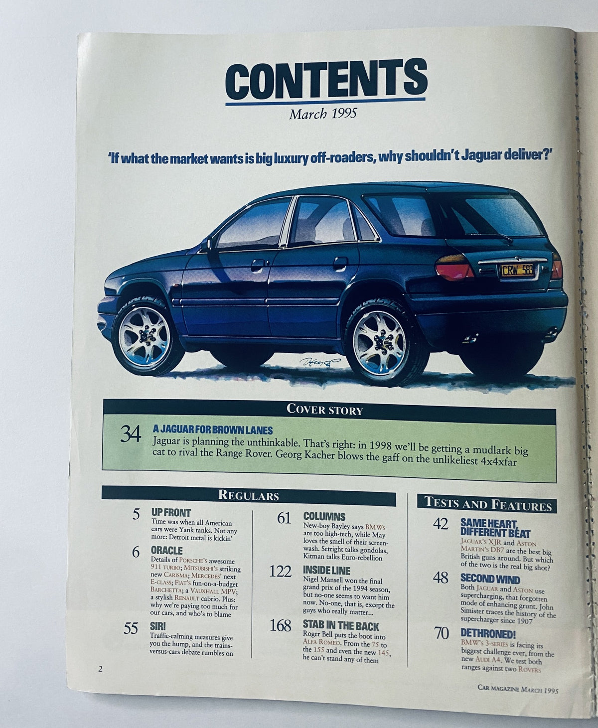 Table of contents from Car Magazine March 1995 featuring the cover story 'A Jaguar for Brown Lanes' discussing Jaguar's plans for a 4x4, and sections on regular features and tests.