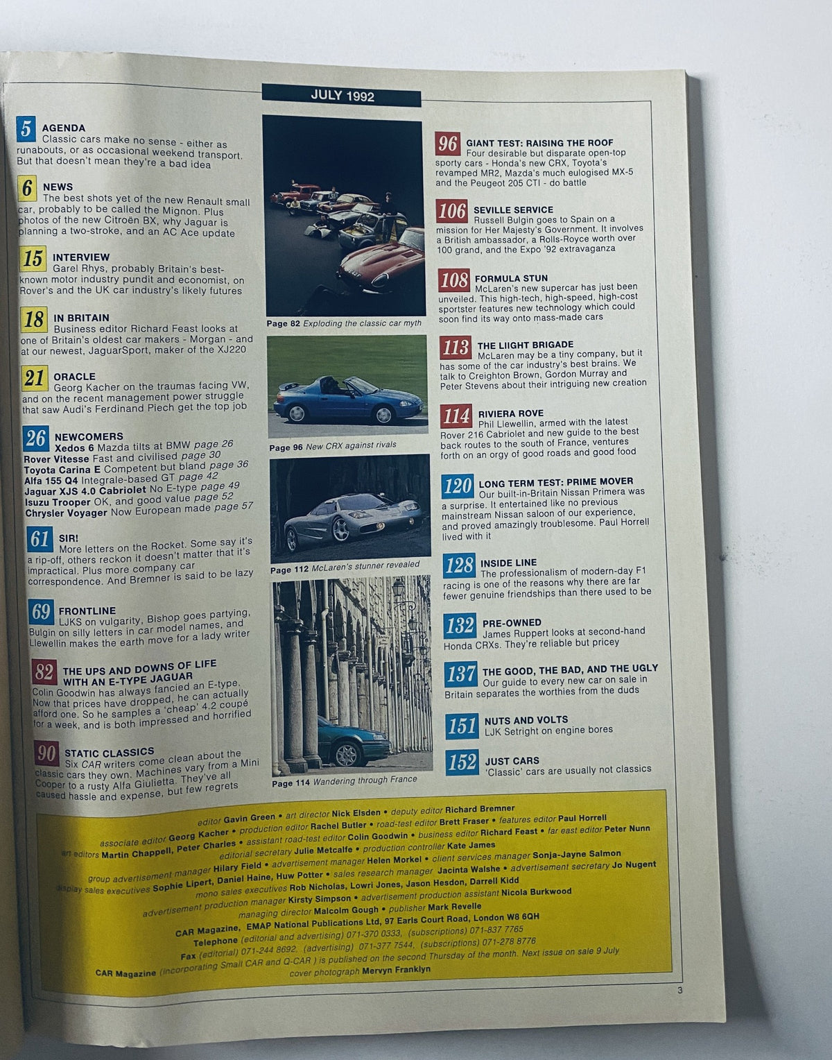 Inside page of Car Magazine July 1992 displaying the Table of Contents with highlights of classic car reviews and automotive news.