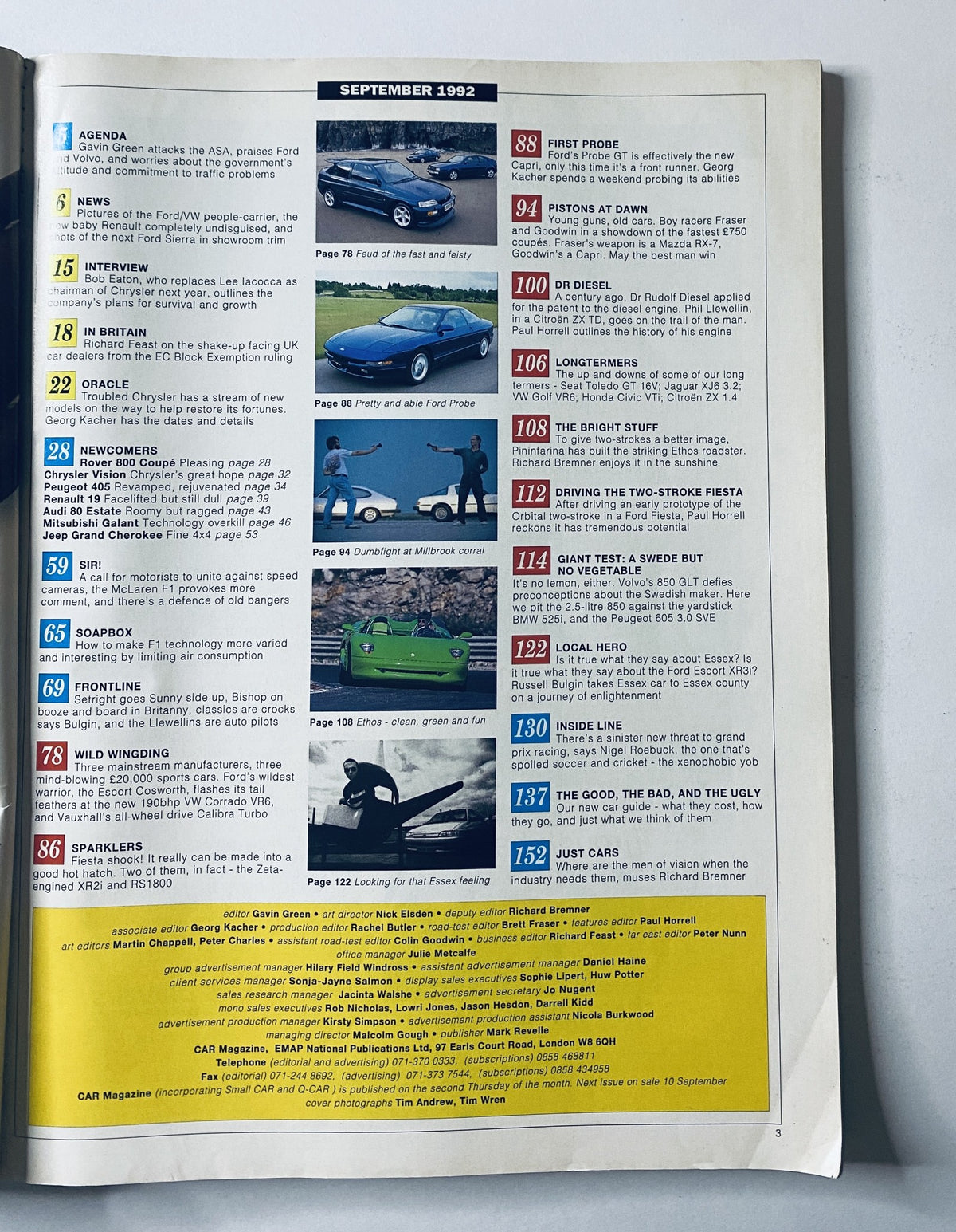 Table of Contents from Car Magazine September 1992 detailing features such as interviews, news, and new car reviews, including the Fiat 1800, alongside page numbers for easy navigation.