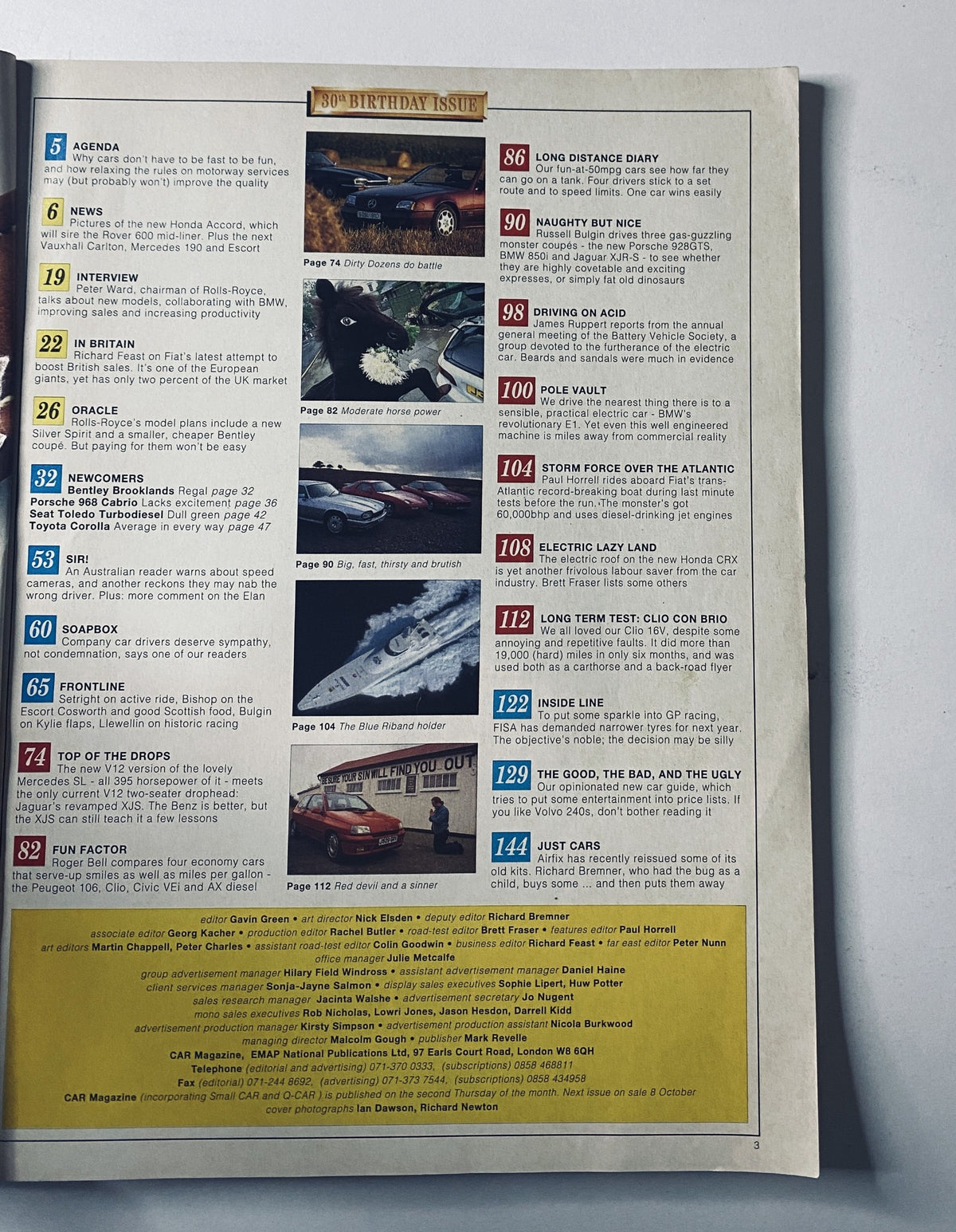 Inside page of Car Magazine October 1992 displaying the Table of Contents with various automotive articles including features on the BMW 850i and Jaguar XJR-S.