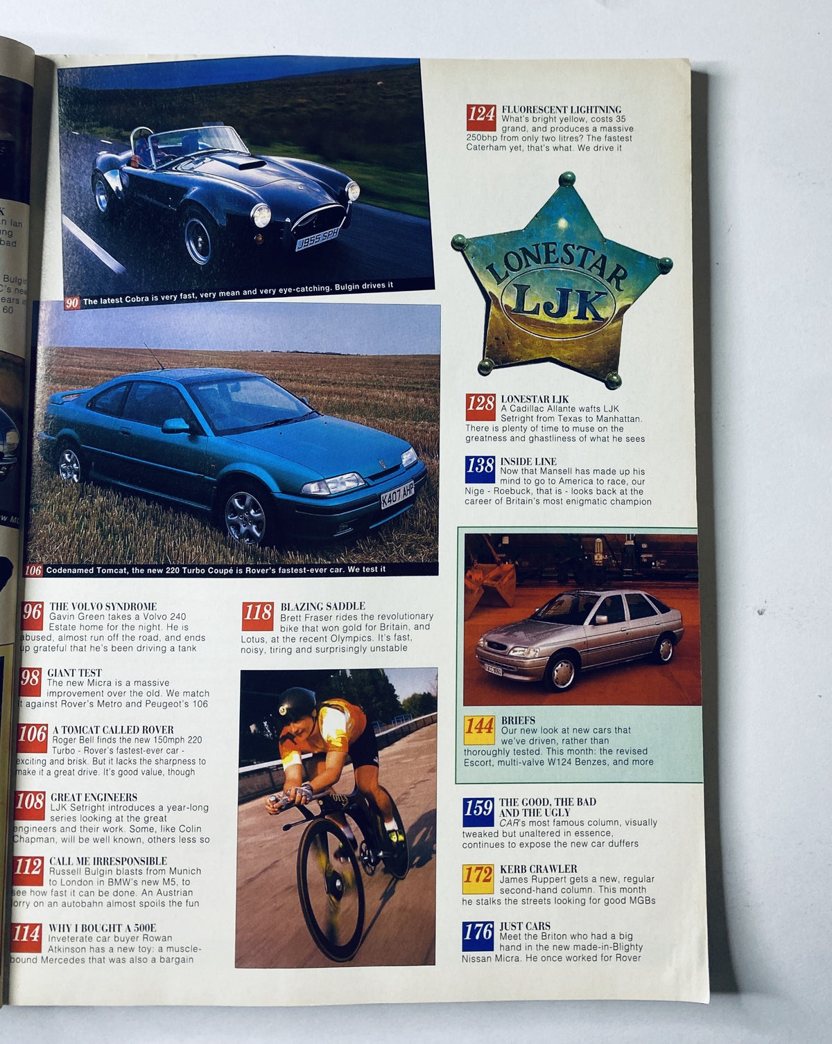 Image from November 1992 Car Magazine showcasing the Lonestar LJK, a Caterham, the Lotus bike, and highlights from the Giant Test segment.