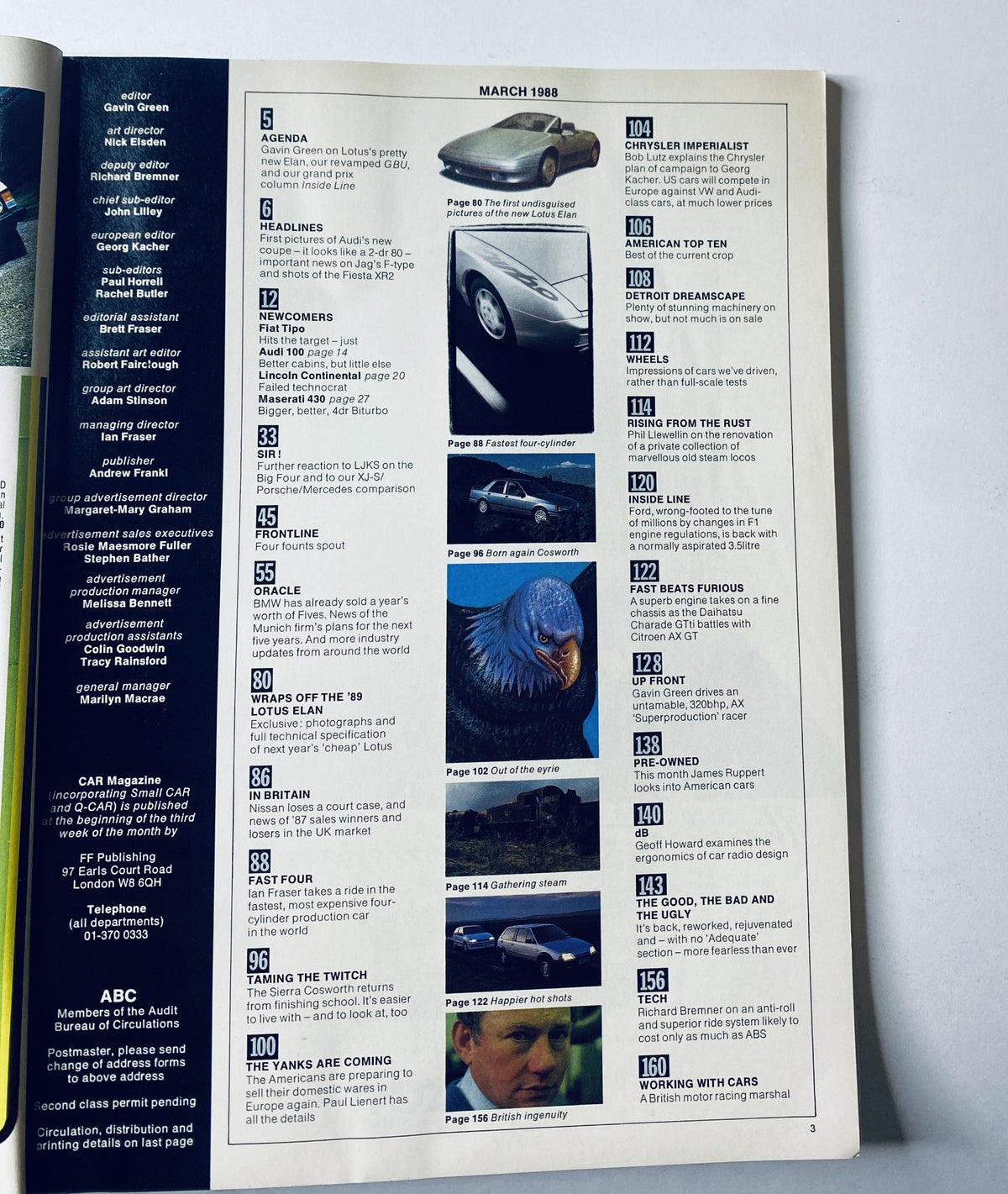 Table of Contents for Car Magazine March 1988 listing features including the Lotus Elan preview, new automotive models, and industry news.