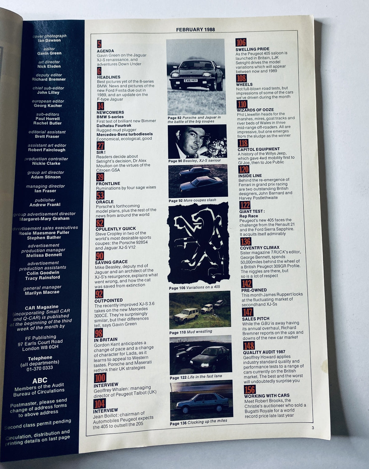 Inside page of Car Magazine February 1988 displaying the table of contents, summarizing articles and features including a focus on the Jaguar XJ-S and Porsche 928S4.