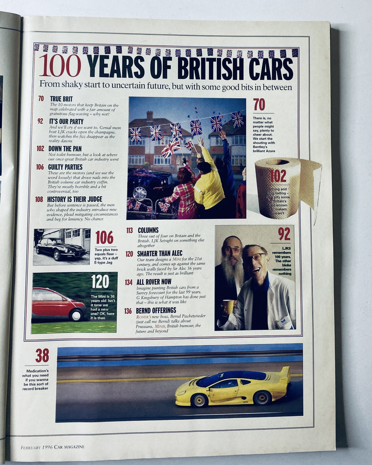 Car Magazine February 1996 celebrating 100 Years of British Cars with highlights including 'History is Their Judge' and 'True Brit' along with British flags and car imagery.