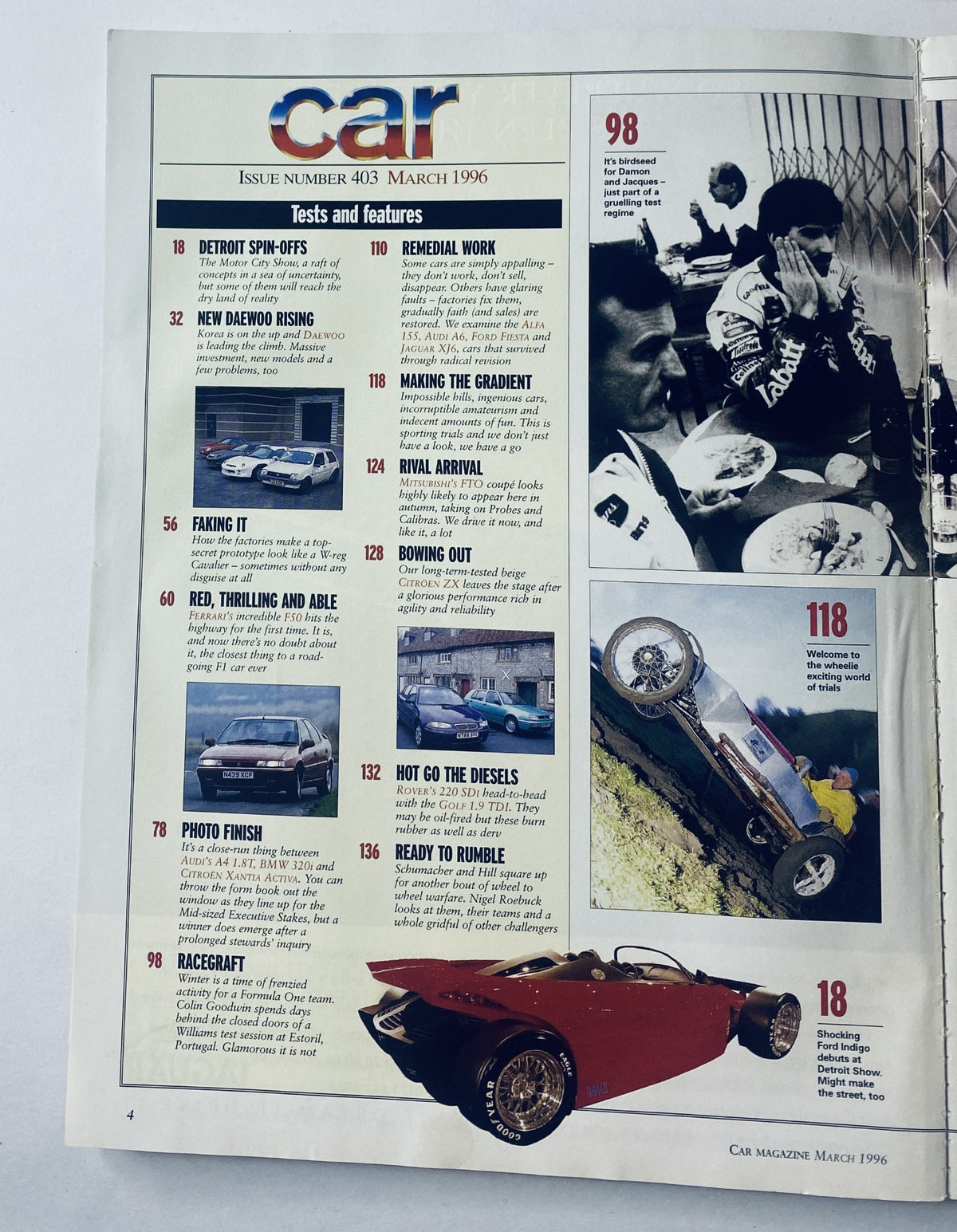 Interior page from Car Magazine March 1996, showcasing the Table of Contents with features including 'FERRARI F50 First Road Test' and highlights from Formula 1 tests with Damon Hill and Williams.