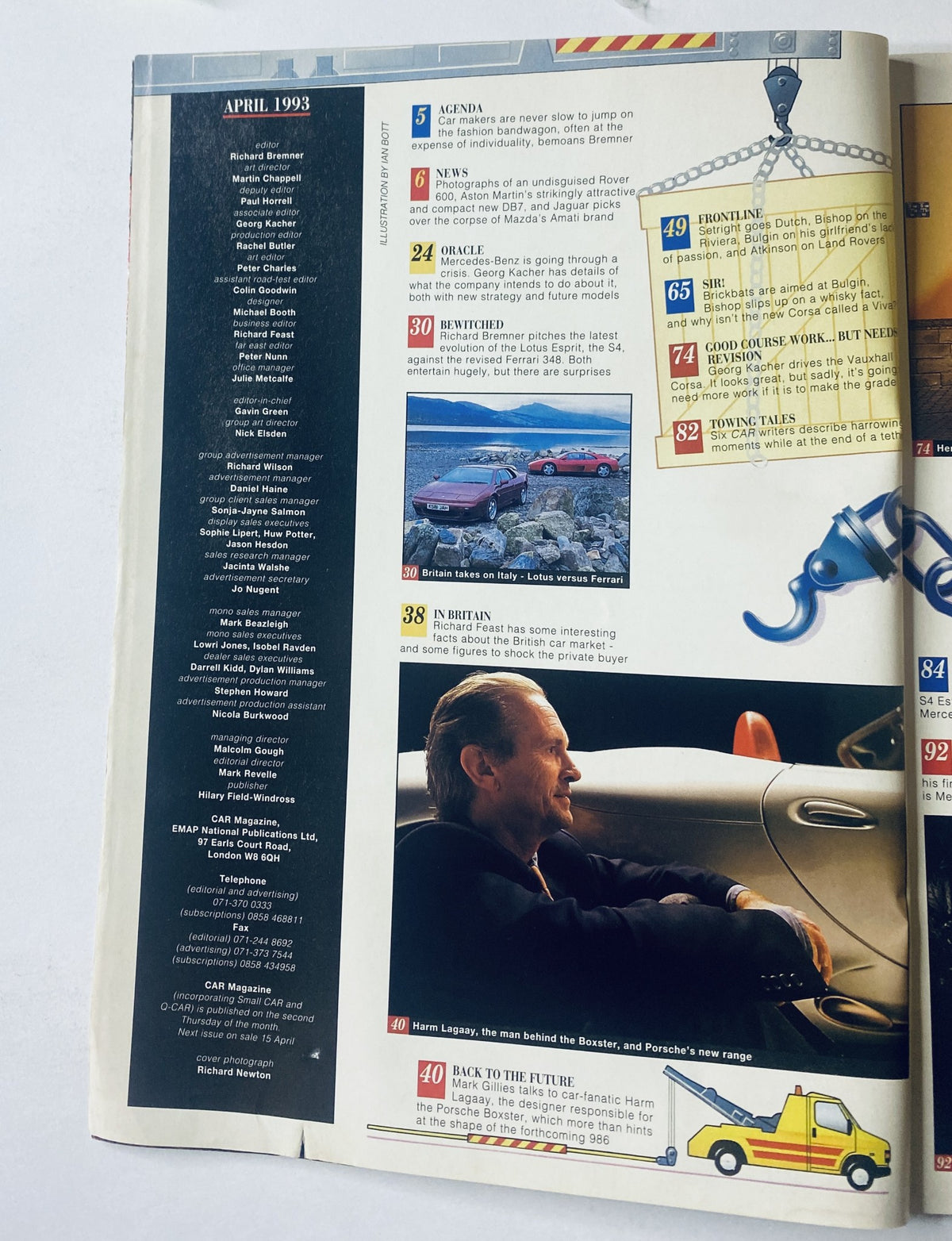 Car Magazine April 1993 featuring the Table of Contents with articles including 'AGENDA', 'NEWS', and 'BEWITCHED', highlighting the Lotus Esprit and Ferrari comparison.