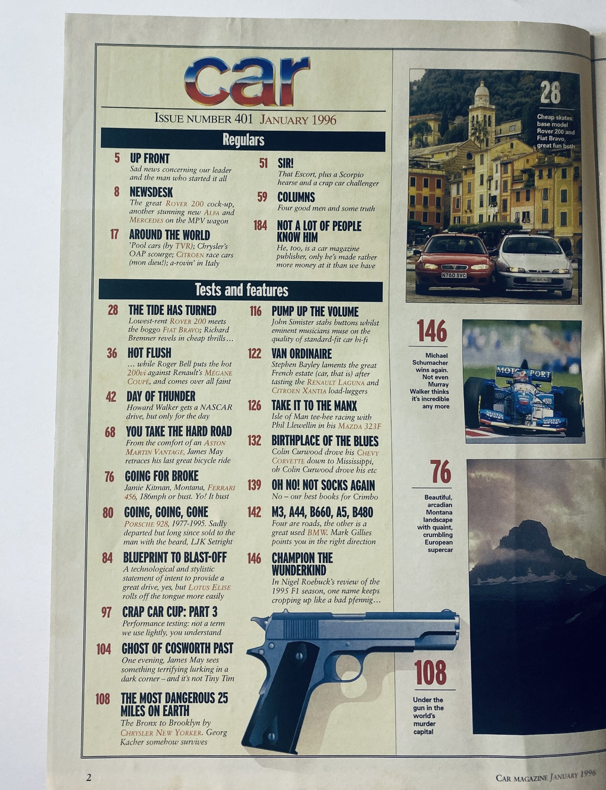 Table of Contents for Car Magazine January 1996, featuring sections like Regulars, Tests and Features, highlighting articles on Rover 200, Alfa Romeo, and car reviews.