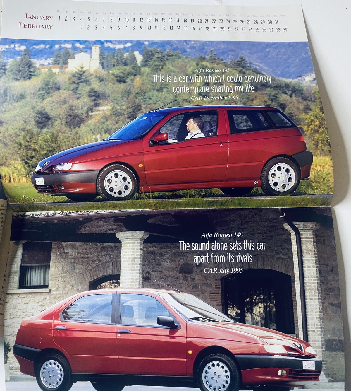 Calendar pages from Car Magazine January 1996, showcasing the Alfa Romeo 146 with a scenic background and commentary on the car's appeal.