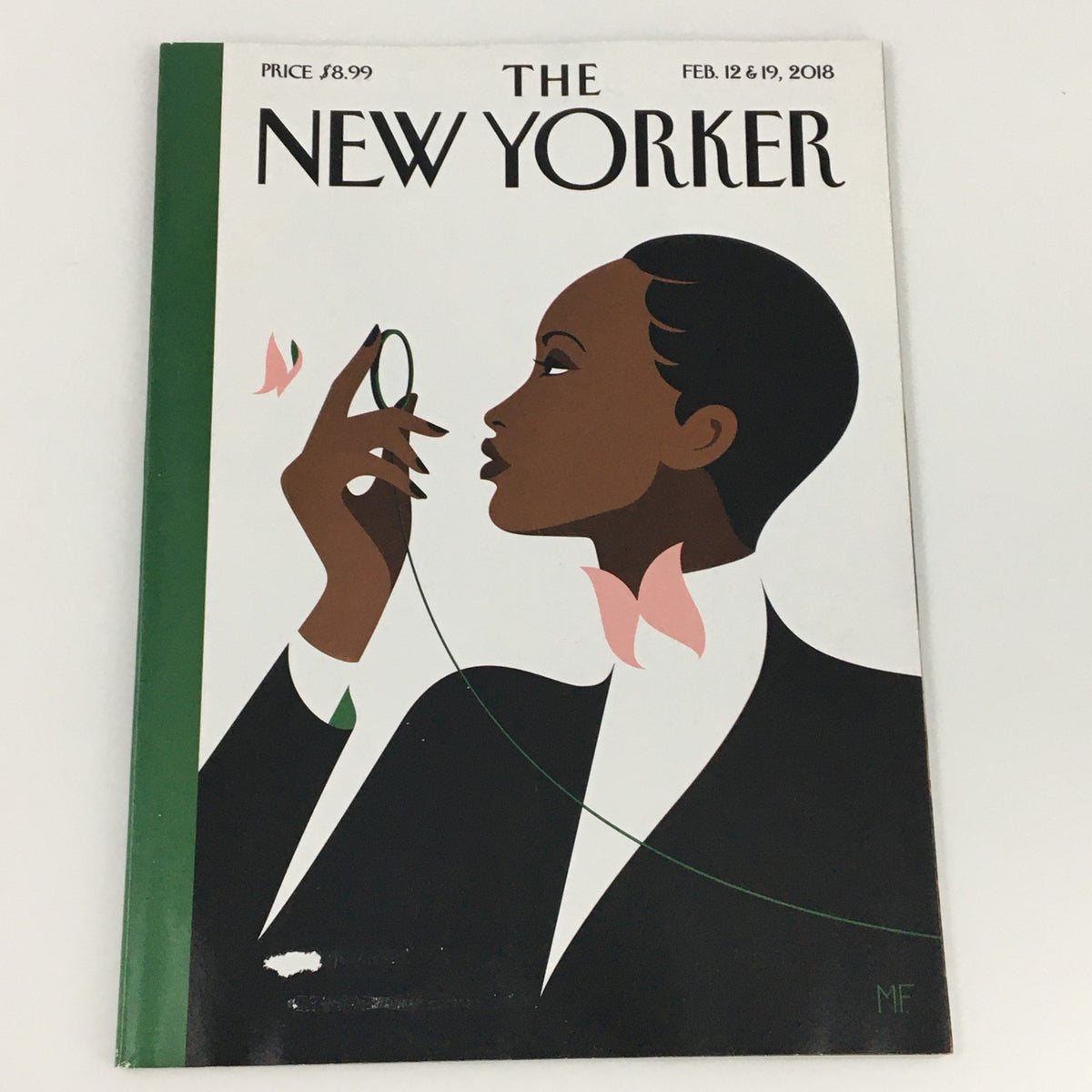 The New Yorker February 12 & 19 2018 cover featuring striking artwork by Malika Favre, illustrating a stylish woman in a tuxedo with a hand mirror, encapsulating contemporary culture and art.