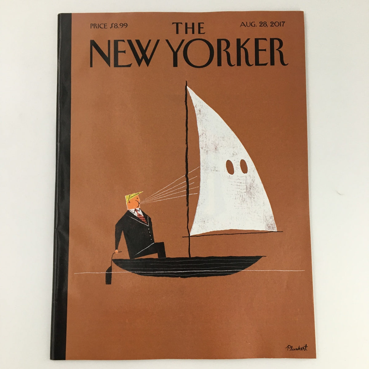 The New Yorker August 28 2017 Full Magazine Theme Cover by David Plunkert, featuring a character in a suit sailing a boat with a significant focus on artistic design and contemporary themes.