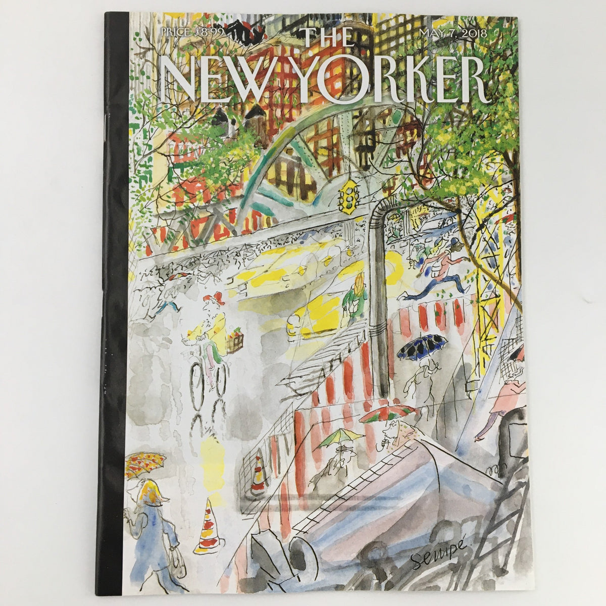 Cover of The New Yorker May 7, 2018, featuring a whimsical illustration by Jean-Jacques Sempe, showcasing vibrant street scenes and playful characters.