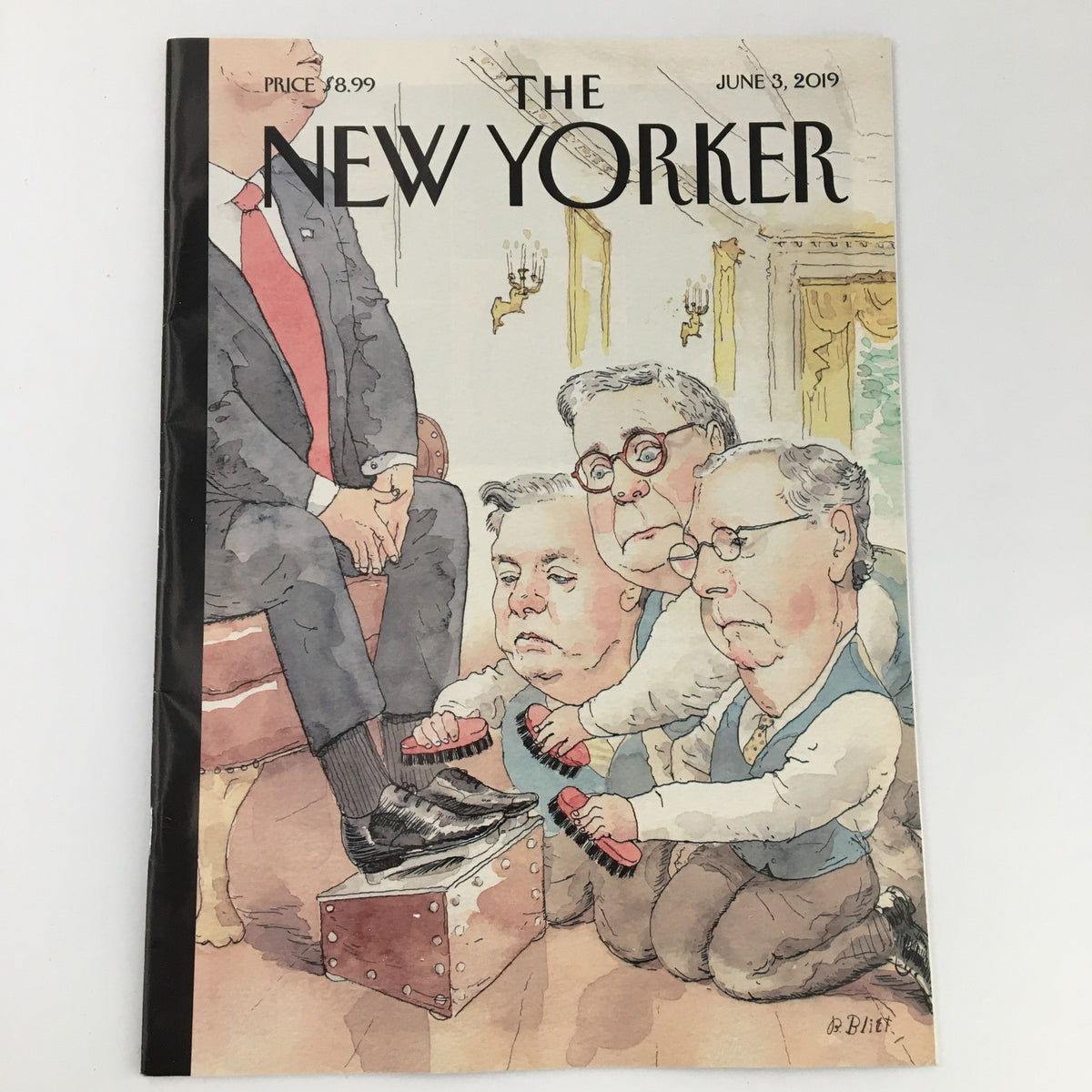 The New Yorker June 3 2019 Full Magazine Theme Cover Barry Blitt featuring a satirical illustration of three characters polishing shoes in a political setting, highlighting cultural commentary.