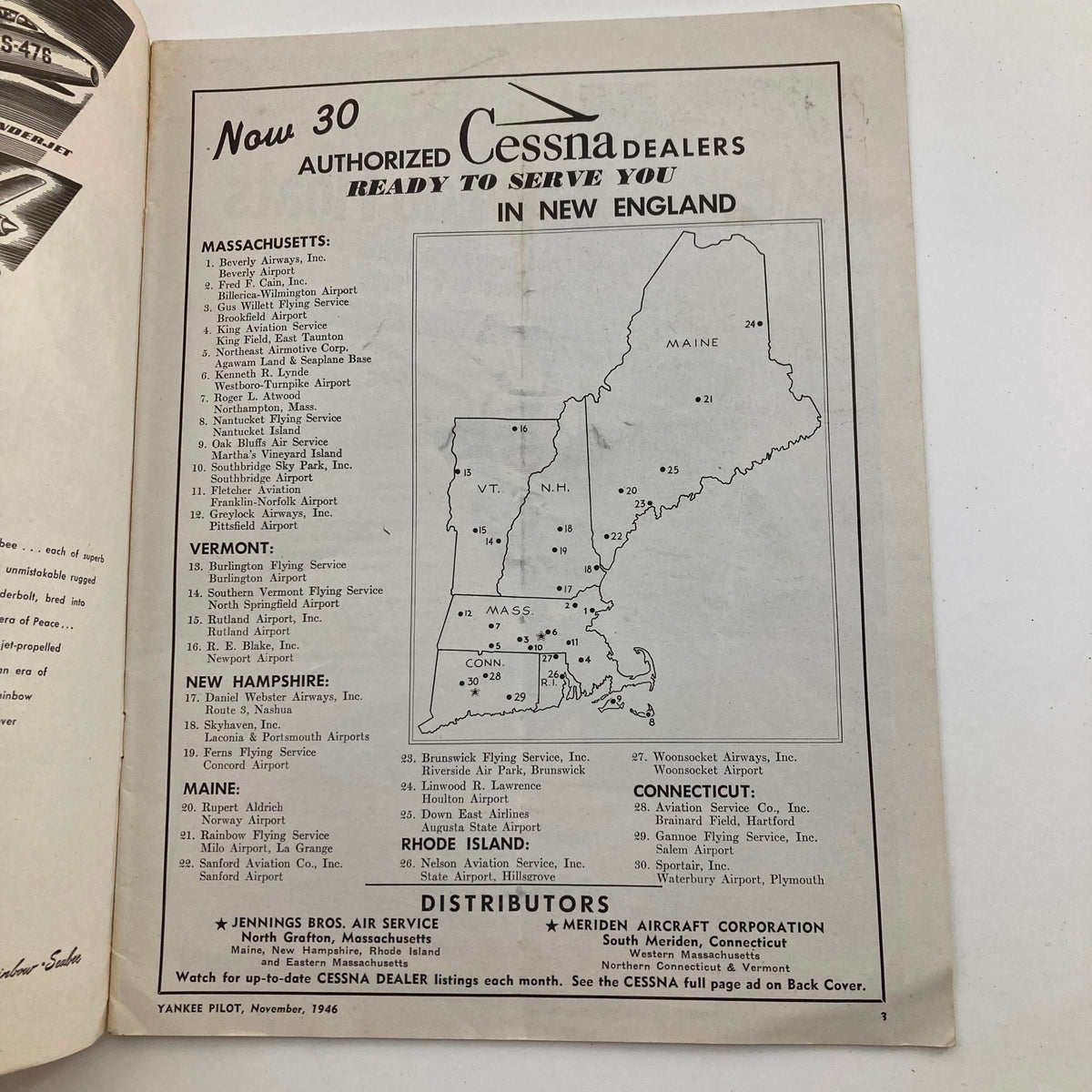 Inside page of VTG Yankee Pilot Magazine November 1946 showing a list of authorized Cessna dealers in New England. An important resource for aviation enthusiasts and collectors.