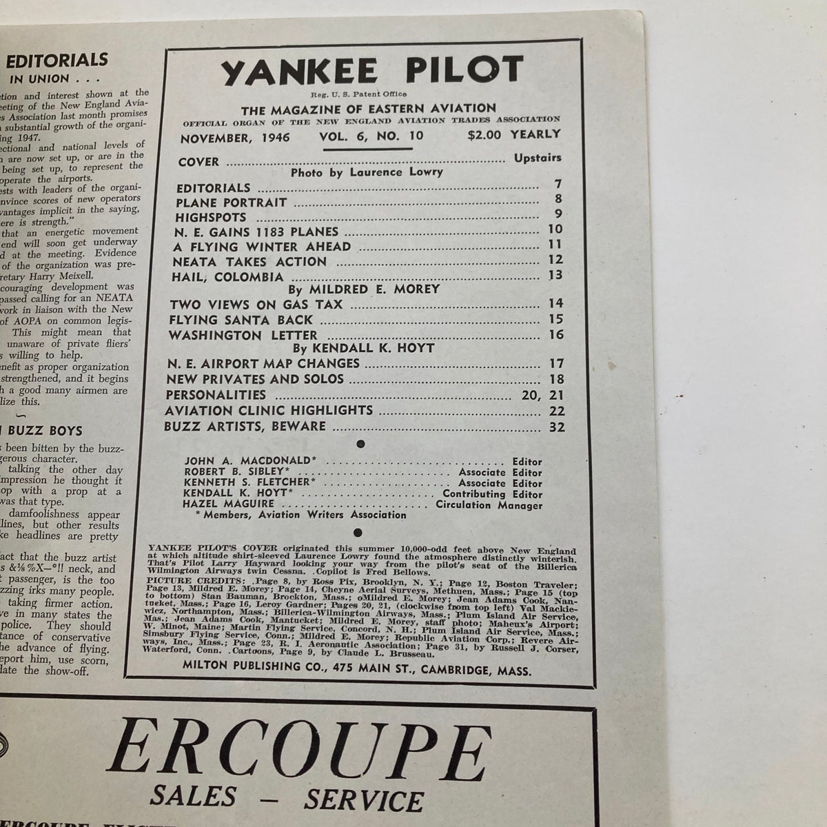 Inside page of VTG Yankee Pilot Magazine, November 1946, showcasing the table of contents and features, including articles on aviation highlights such as 'A Flying Winter Ahead'.