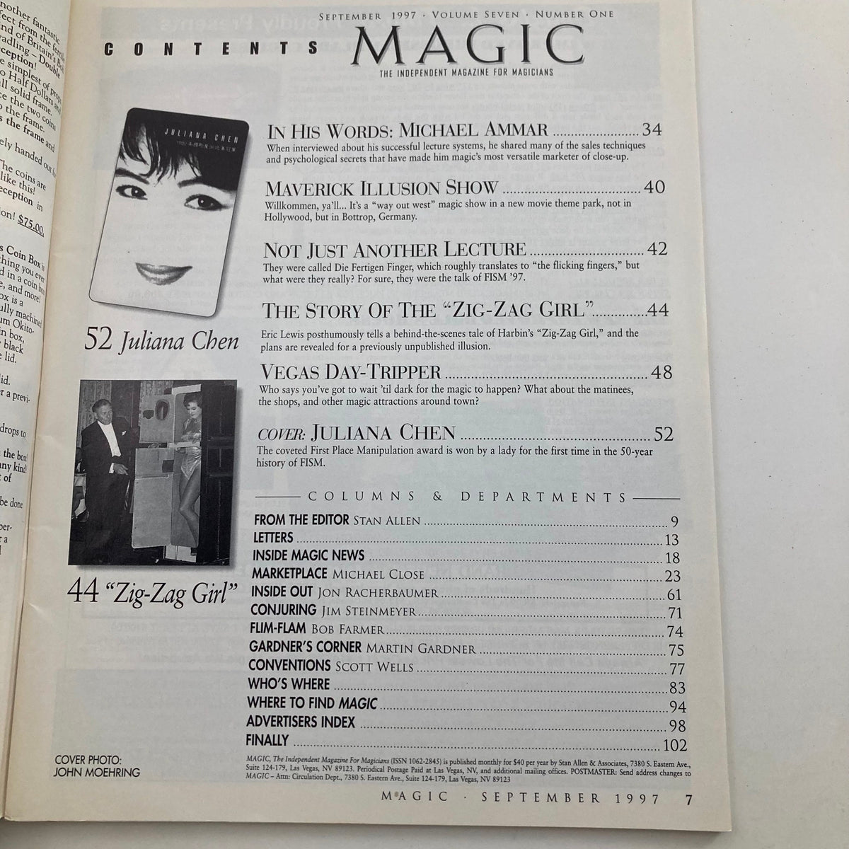 Contents page of VTG Magic Magazine for Magicians September 1997, highlighting features including Juliana Chen and various magic-related articles.