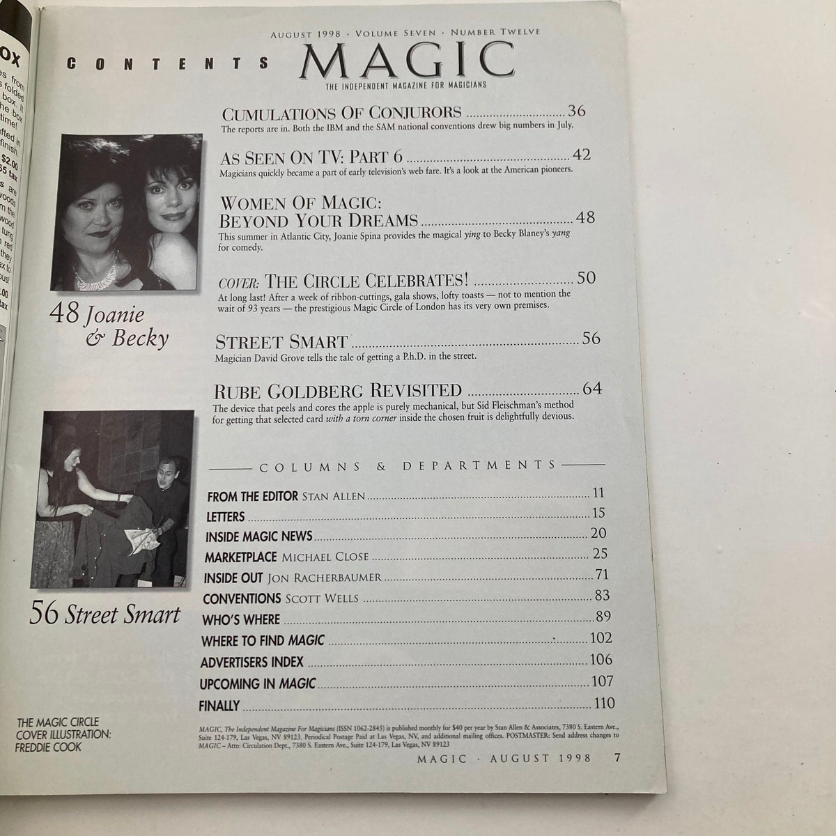 Contents page of the VTG Magic Magazine for Magicians August 1998, featuring highlights like 'Cumulatoins of Conjurors,' 'As Seen on TV,' 'Women of Magic,' and 'Street Smart' along with images of Joanie and Becky.