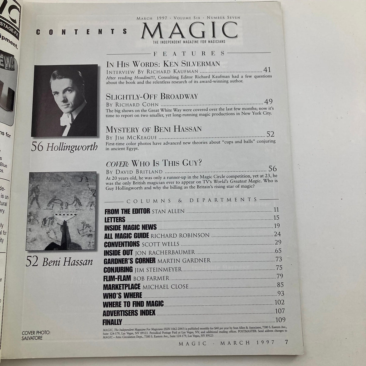 Contents page of VTG Magic Magazine for Magicians March 1997, highlighting features including an interview with magician Ken Silverman and the main article 'Who Is This Guy?'.