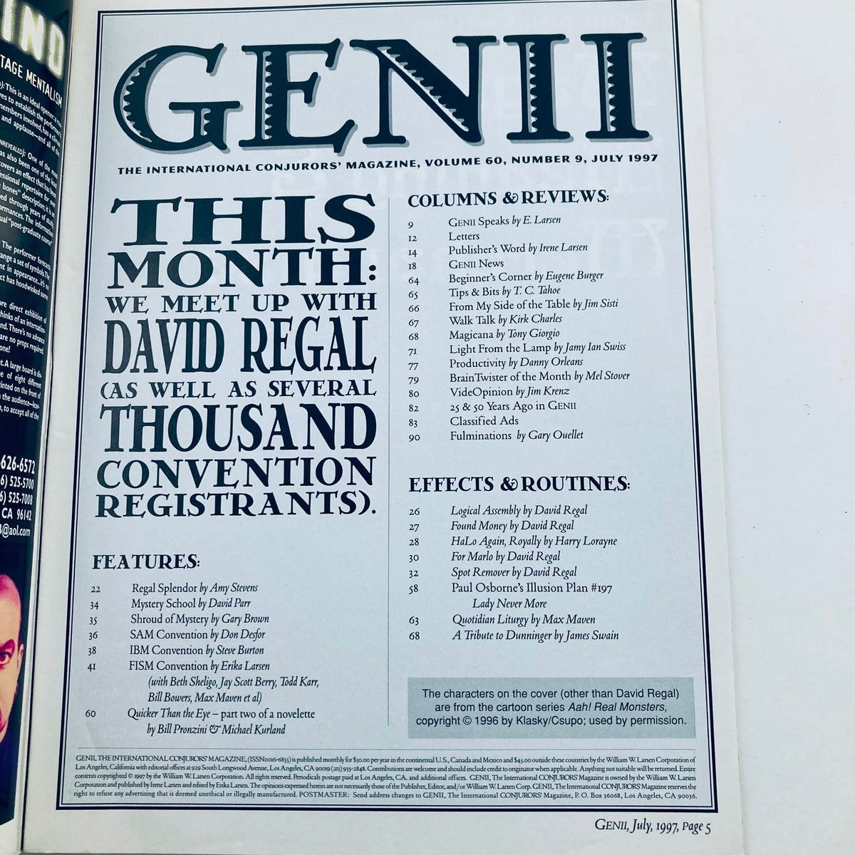 Interior page of Genii The Conjurors' Magazine July 1997 detailing articles and features including an interview with David Regal, highlighting the magazine's significance in magic history.