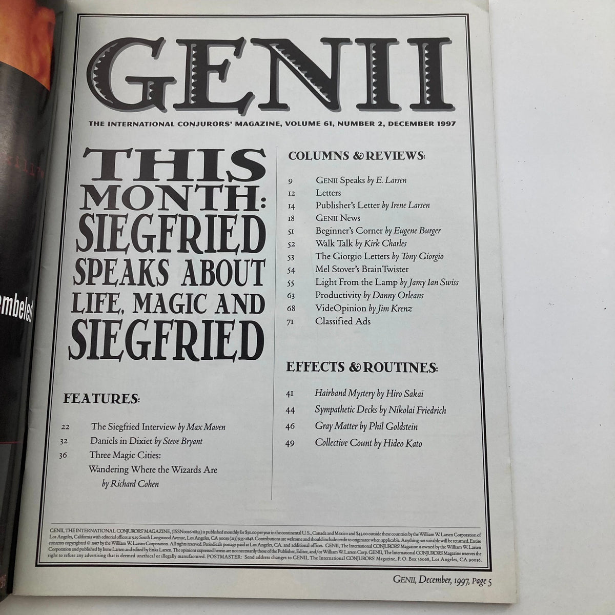 Inside page of VTG Genii The Conjurors' Magazine December 1997 Vol 61 No. 2 displaying the table of contents, highlighting articles about Siegfried and various magic effects.