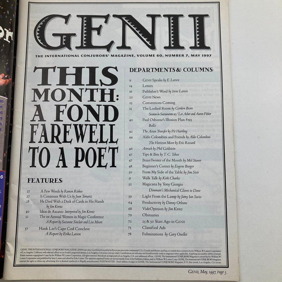 Cover page of VTG Genii The Conjurors' Magazine, May 1997, featuring the title 'This Month: A Fond Farewell to a Poet' along with a list of contents including articles, columns, and features related to the magic community.