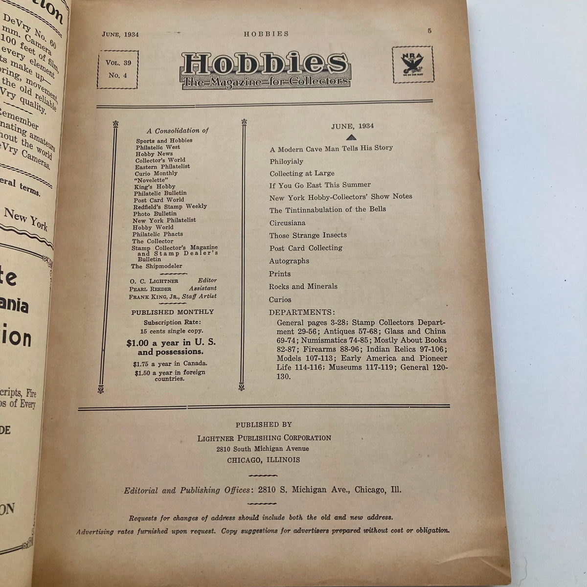 Interior page of the VTG Hobbies Magazine for Collectors from June 1934, showcasing a table of contents including articles on 'Those Strange Insects' and various hobbies.