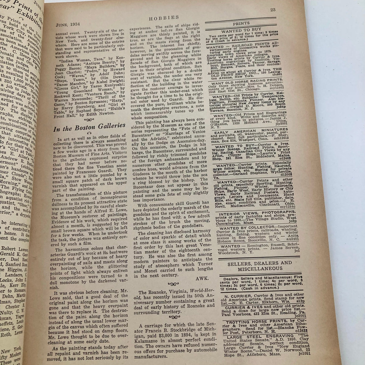 Another interior page of the VTG Hobbies Magazine for Collectors June 1934, featuring article excerpts and hobby-related listings, enriching the content related to 'Those Strange Insects'.