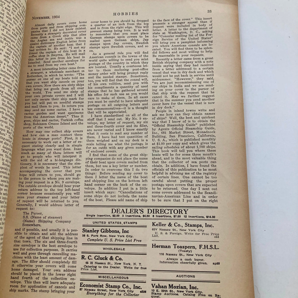 Page from Vintage Hobbies Magazine for Collectors, November 1934, displaying text on stamp collecting and outbound letters, highlighting insights for collectors.