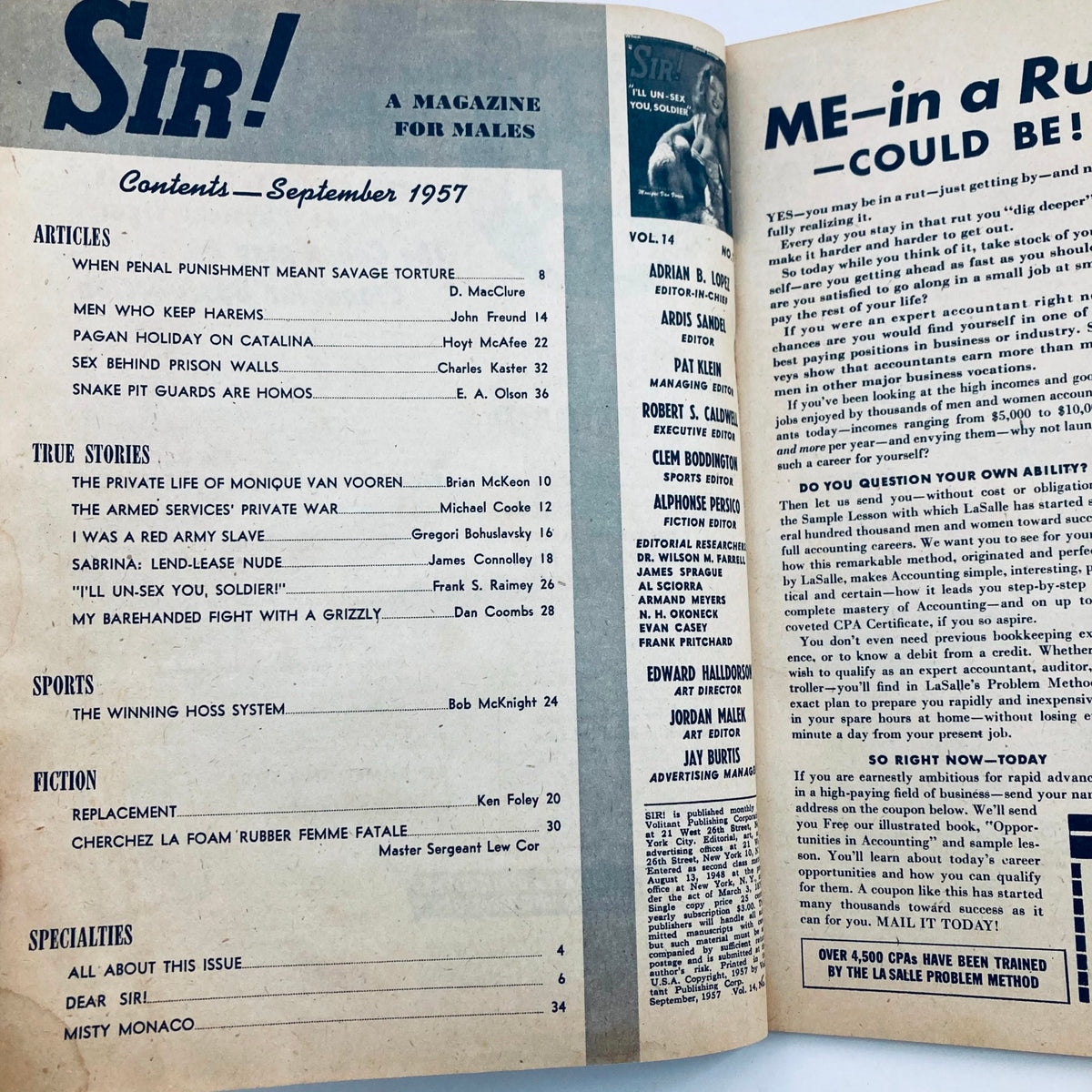 Interior contents page of VTG Sir! Magazine for Males September 1957 showcasing the featured articles and stories including 'The Private Life of Monique Van Voren'.