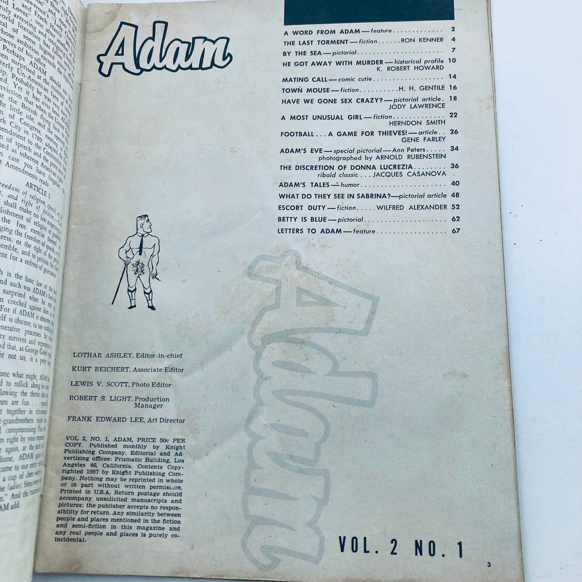 Table of contents from VTG Adam Magazine January 1958, Vol 2 No. 1 showcasing featured articles including 'A Most Unusual Girl.'