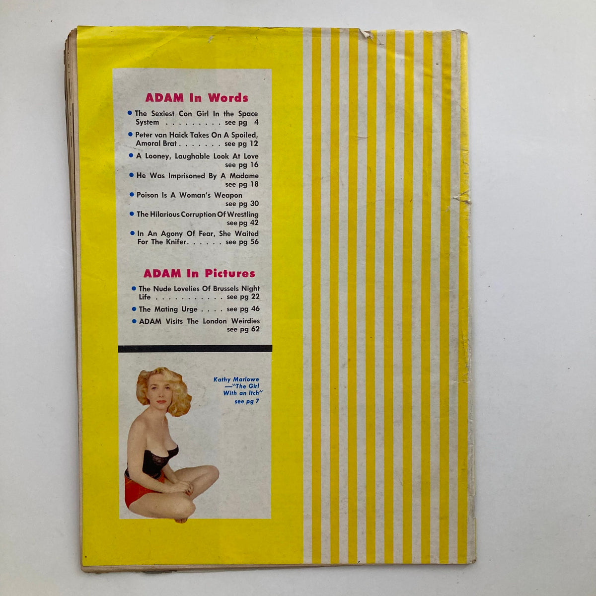 Back cover of VTG Adam Magazine September 1958 featuring colorful striped design and a promotional image for Kathy Marlowe with a brief highlight of sections in the magazine. Vintage aesthetics of mid-20th century.